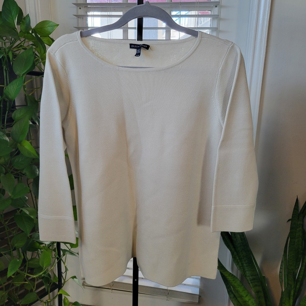 Eileen Fisher Silk Organic Cotton Boat Neck Sweater Cream 3/4 Sleeve Medium
